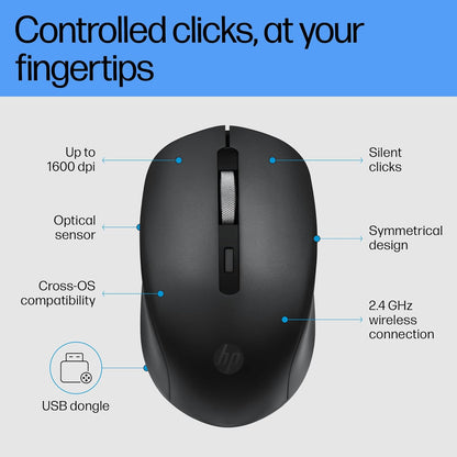 HP S1000 Mouse, 1600 DPI, 2.4Ghz Wireless Connection, Symmetrical Design for Smooth Scrolls, Black (7YA12PA)