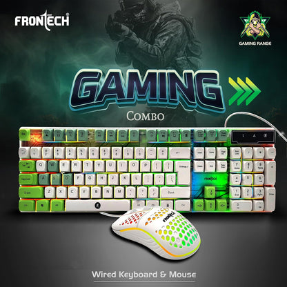 Frontech Wired Nova Knight Gaming Keyboard & Mouse Set | LED Rainbow Backlit | 104 Keys | USB Plug & Play | Up to 1600 DPI Mouse | Durable Build | (KB-0045, White + Green)