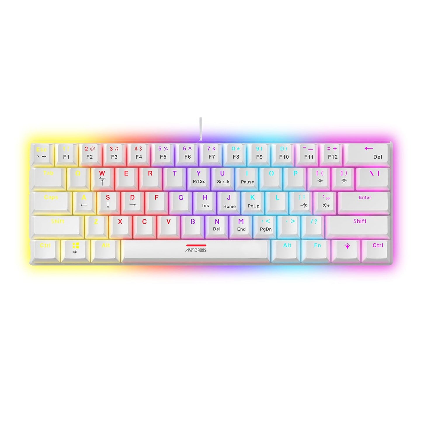 Ant Esports MK1200 Mini 60% Wired Mechanical Gaming Keyboard – Red Switch, Rainbow Backlit, 61 Keys, Anti-Ghosting, USB, Compact TKL – Compatible with Windows, macOS, PS5, Xbox, Laptop & PC (White)