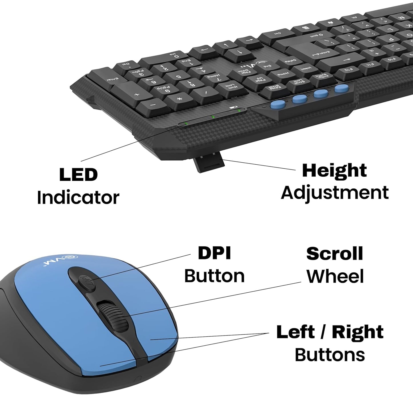 EVM Wireless Keyboard & Mouse Combo - 2.4G, Plug and Play, 10m Range, 112 Keys, 1000DPI Resolution, Height Adjust - 1 Year Warranty (EVM-WLKM-036)