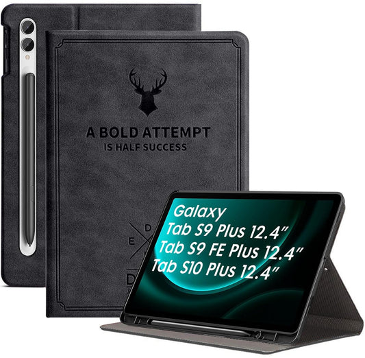 Robustrion Cover for Samsung Tab S10 Plus / S9 FE Plus / S9 Plus Case 12.4" Deer Flip Case with [S Pen Holder] for Samsung Galaxy Tab S10+ /S9+ /Tab S9 FE+ Tablet Cover [Auto Sleep/Wake] - Black