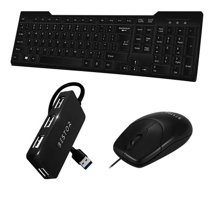 Bestor Set of 3 Combos of USB Wired Keyboard, Wired Mouse & 4 Port USB HUB for PC, Laptop, Computer with Windows