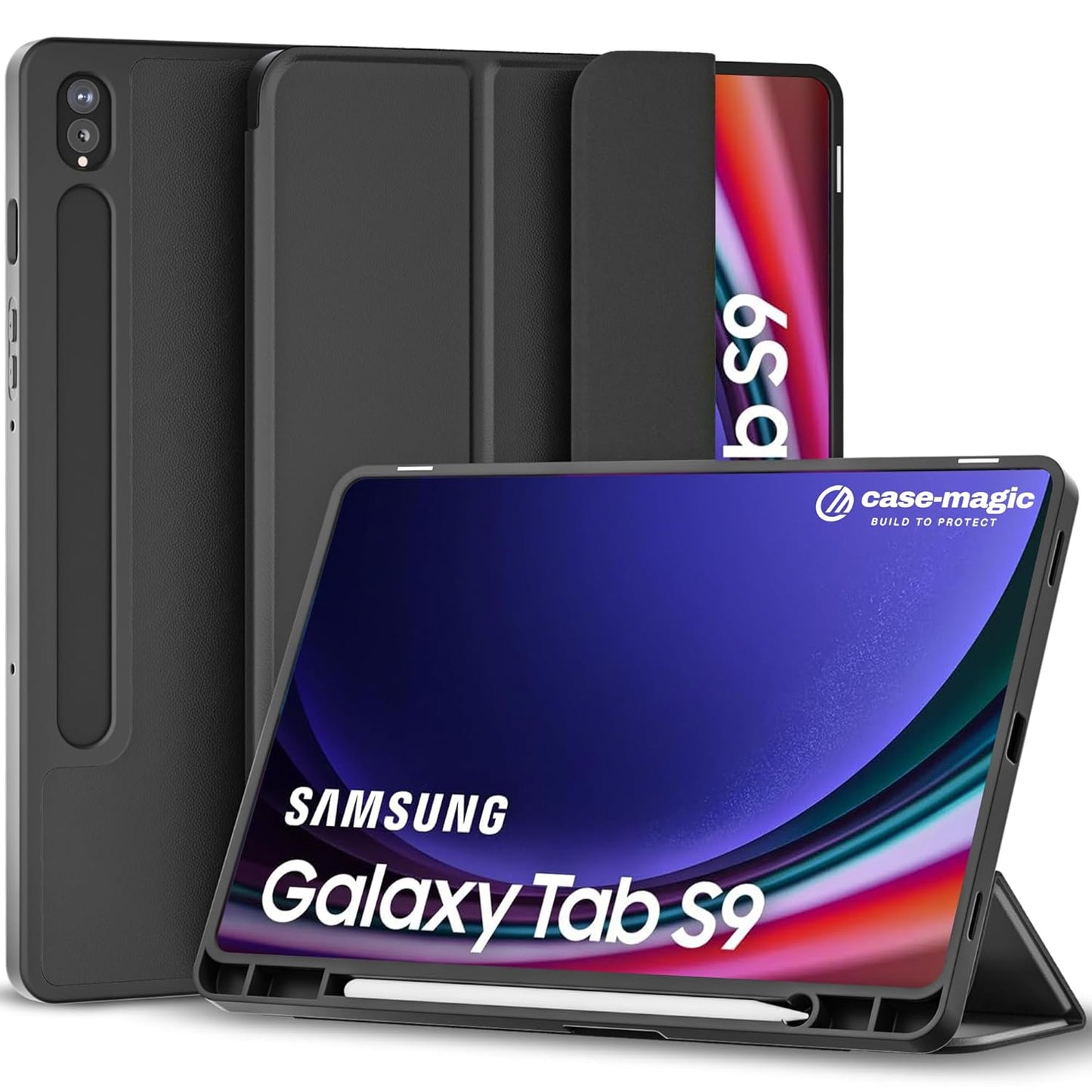 Case Magic Premium Folio Case Cover for Samsung Galaxy Tab S9/ S9 FE 11 inch (2023) with S Pen Holder, Auto Sleep/Wake Magnetic Closure, Trifold Stand| Slim Lightweight PU Exterior, TPU Back (Black)