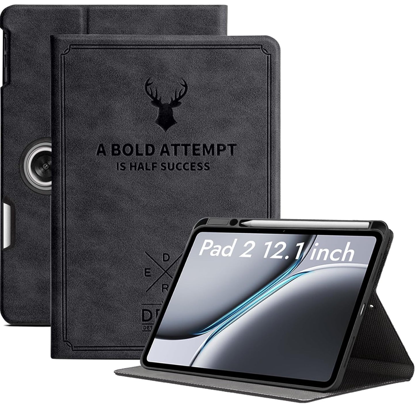 Robustrion Cover Case for OnePlus Pad 2 12.1 inch Cover, Deer Pattern Cover Case for OnePlus Pad 2 Cover with Pencil Holder 12.1 inch [Auto Sleep Wake Support] - Black