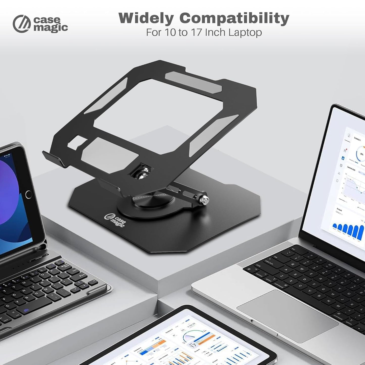 Case Magic 360° Rotating Ergonomic Laptop/iPad Stand | Foldable, Adjustable Height & Angle| Premium Anti-Rust Carbon Steel, Fast Heat Dissipation, Anti-Slip Pads, | Supports Laptops Up to 17” (Black)