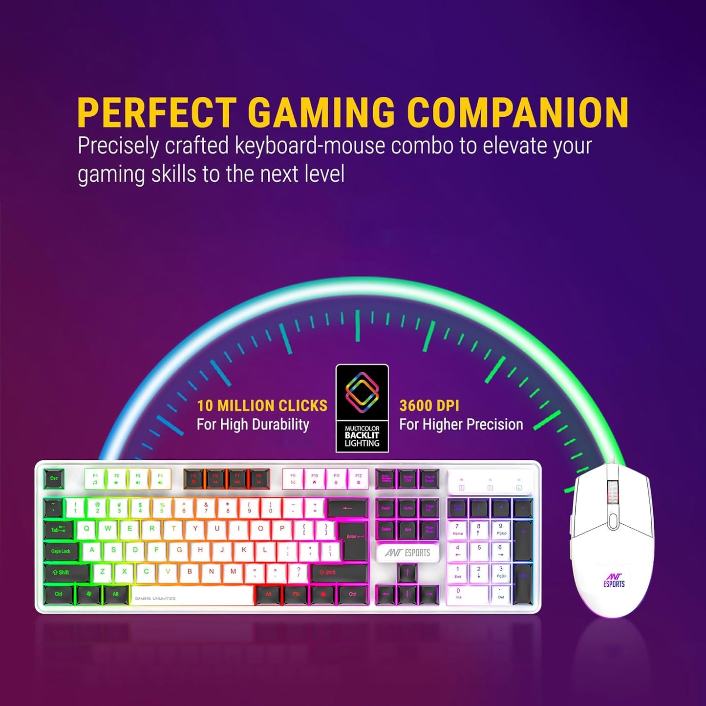 Ant Esports KM1610 LED Gaming Keyboard and Mouse Combo, 104 Keys Rainbow Backlit Keyboard and 7 Colour RGB Mouse for PC Laptop Xbox PS4 Gamers and Work, White