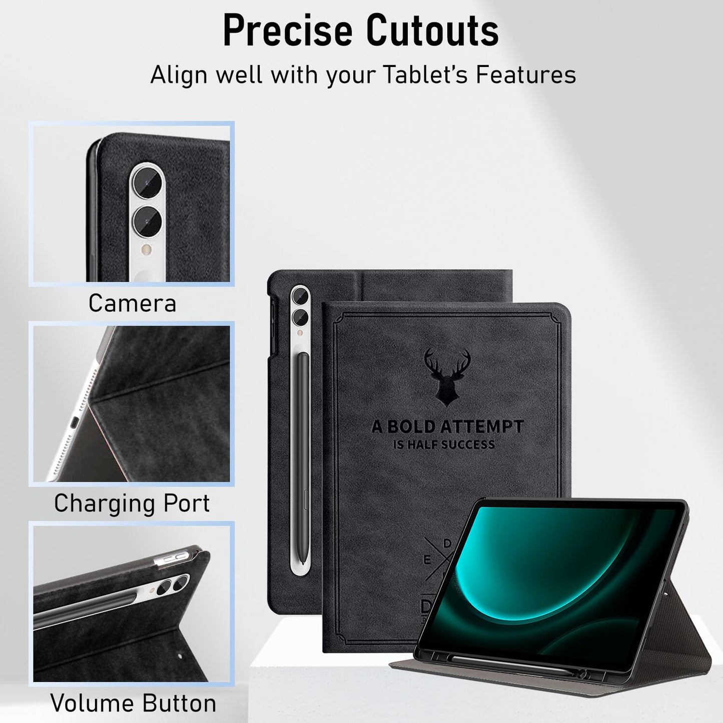 Robustrion Cover for Samsung Tab S10 Plus / S9 FE Plus / S9 Plus Case 12.4" Deer Flip Case with [S Pen Holder] for Samsung Galaxy Tab S10+ /S9+ /Tab S9 FE+ Tablet Cover [Auto Sleep/Wake] - Black