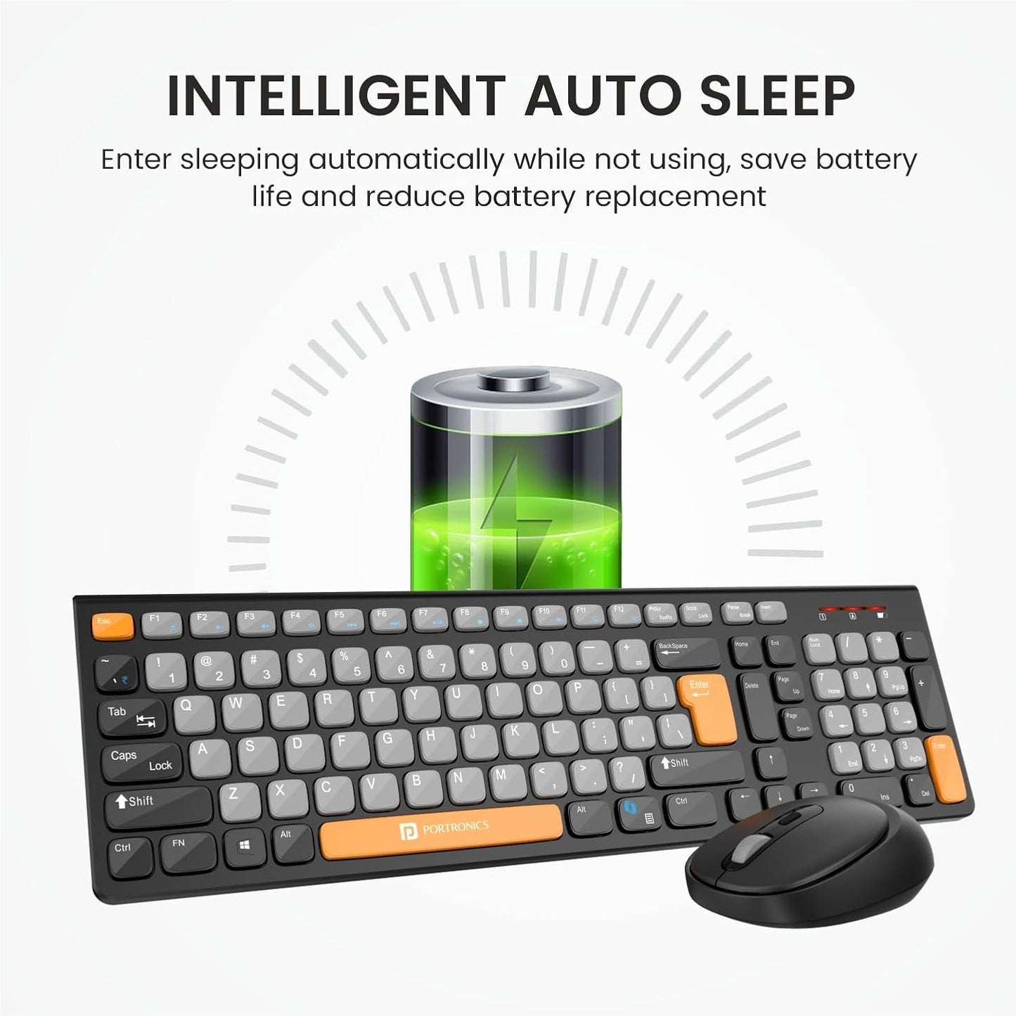 Portronics Key7 Combo Wireless Keyboard & Mouse Set with Copilot AI, 2.4 GHz USB Receiver, 10m Range, 12 Shortcut Keys, Adjustable DPI (Up to 1600), 10M Key Life for PC, Laptop, Mac(Grey+Orange)