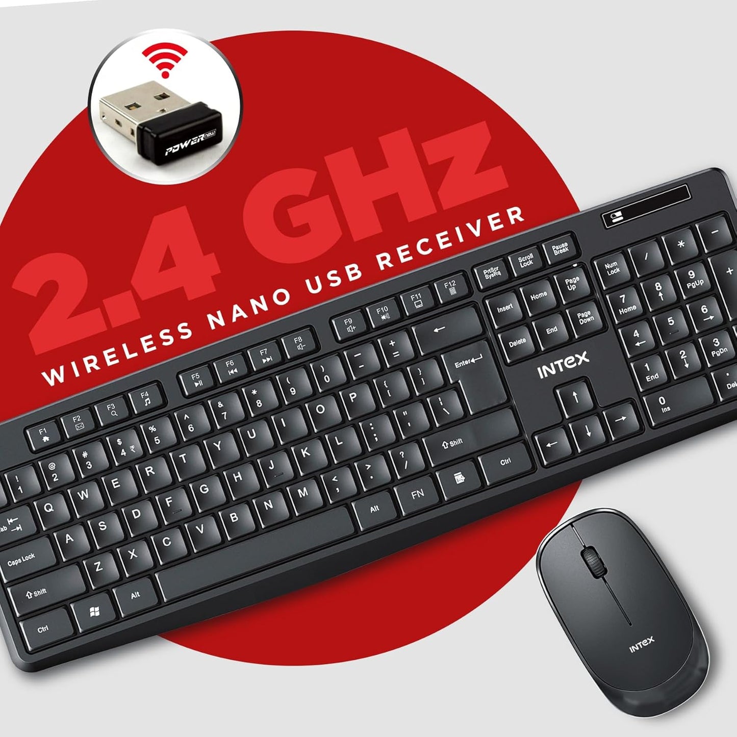 Intex 2.4GHz Wireless Keyboard and Mouse Combo | 104 Keys, 4 Button Mouse | 1600 DPI | 10M Range, Nano USB Receiver Plug & Play | Ergonomic & Soft Keys (Black)