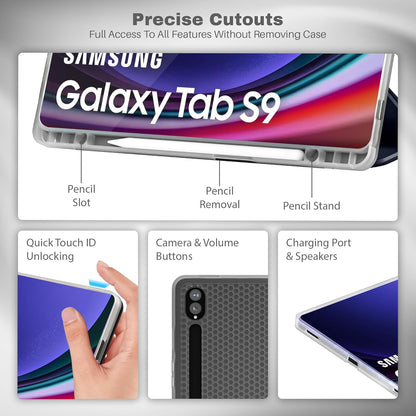 Premium Folio Case Cover for Samsung Galaxy Tab S9/ S9 FE 11 inch (2023) with S Pen Holder, Auto Sleep/Wake Feature, Trifold Stand, Pencil Holder| PU Exterior, TPU Transparent Back (Grey)