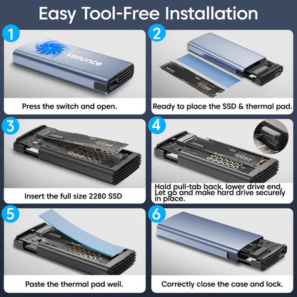NVMe M.2 Enclosure with Fan – Sounce India NVMe SSD Enclosure, USB 3.2 10Gbps, Tool-Free PCIe NVMe Reader, USB-C, Supports M & B&M Key 2230/2242/2260/2280 SSDs (RTL9210)