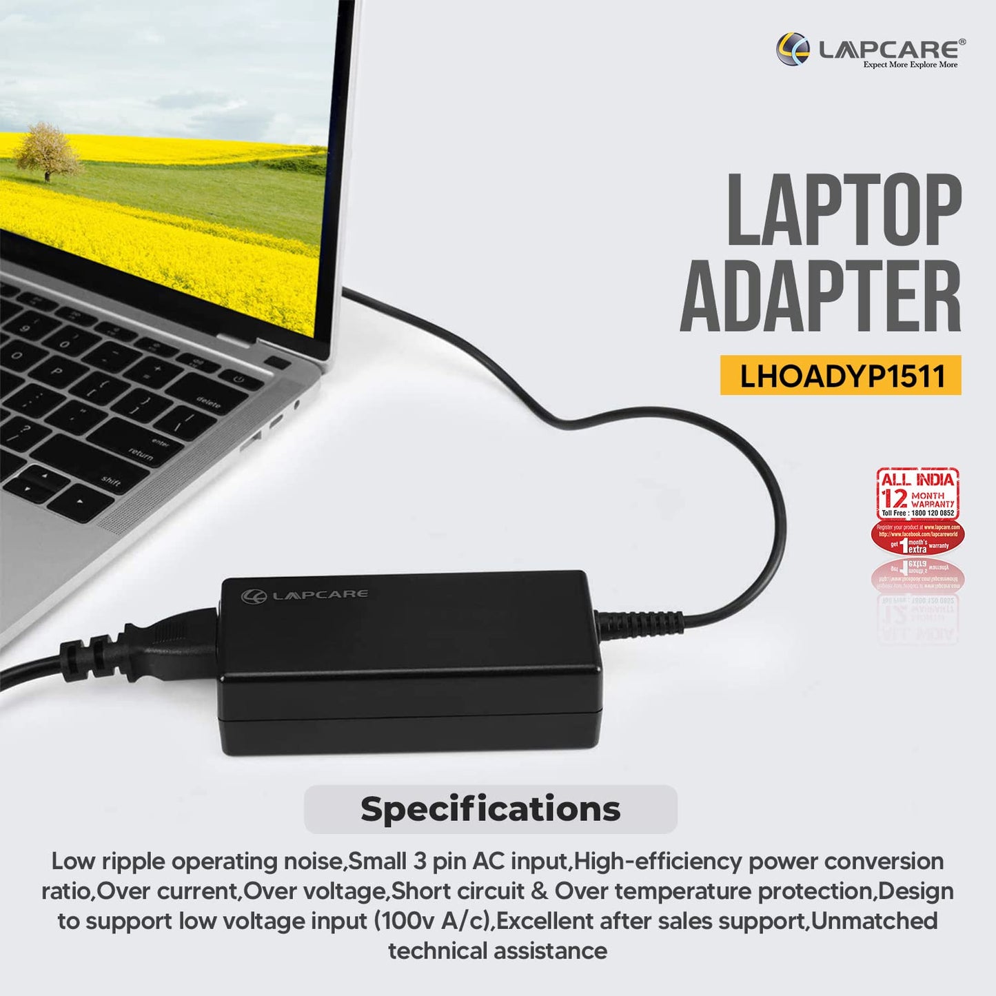 Lapcare Compatible Adapter Charger for HP 18.5v 3.5A 65W Yellow Pin (Without Power Cable)