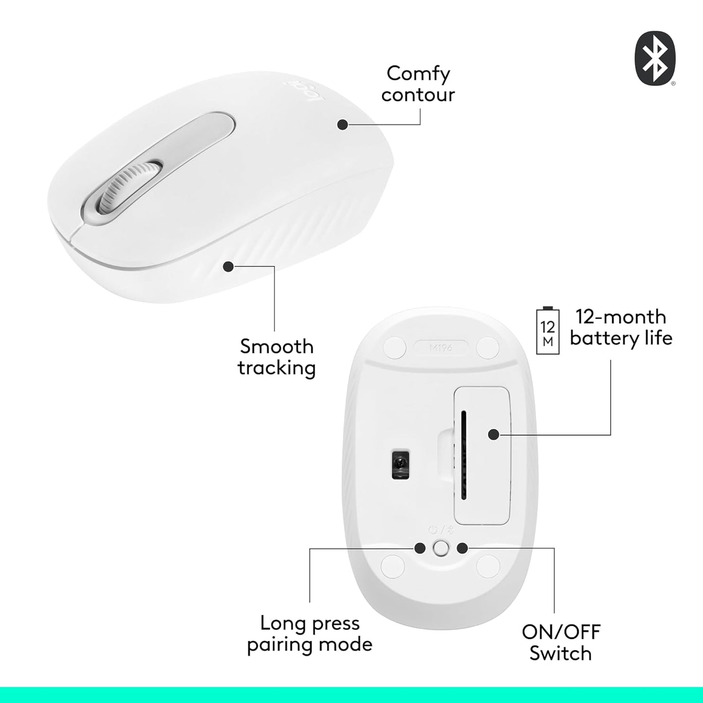 Logitech M196 Bluetooth Wireless Mouse, Compact and Portable Mouse for Laptops, Tablets and More, 12-Month Battery, Smooth Tracking, Compatible with PC and Mac, Windows and macOS - White