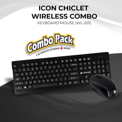 Lapcare ICON Chiclet Wireless Combo WL-201 with Keyboard Stroke Life 10M Clicks| Mouse Switching Life time 3M Clicks| Compact & Egronomic Design| 1 Year Manufacturer Warranty (Black) (IND)
