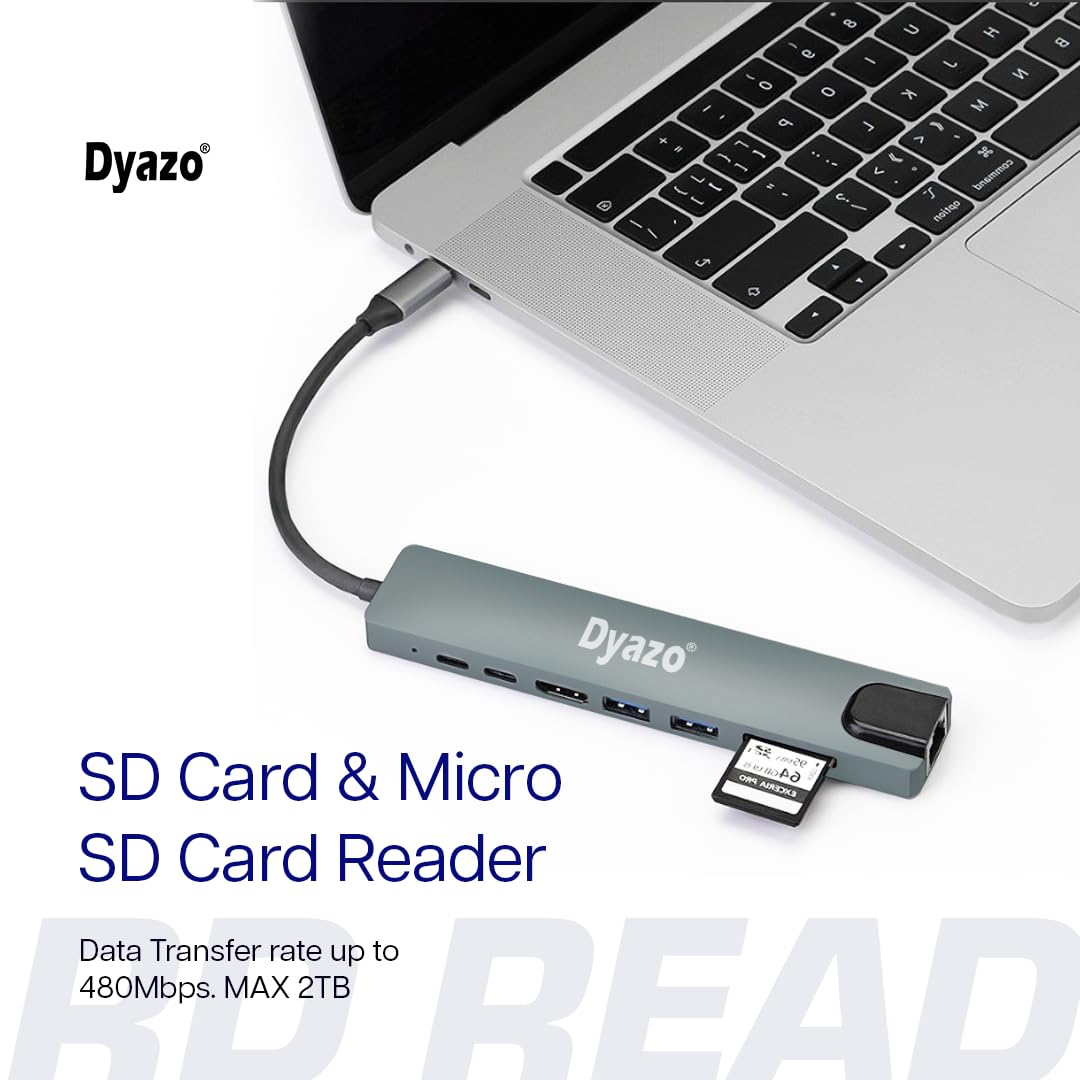 Dyazo 8 in 1 USB C Hub Adapter | Type C Converter with 4K HDMI | 2 USB 3.0 Port | PD Fast Charging | 100Mbps Ethernet | SD/TF Card Reader Compatible with MacBook, Window, Type C iPhone and Smartphones