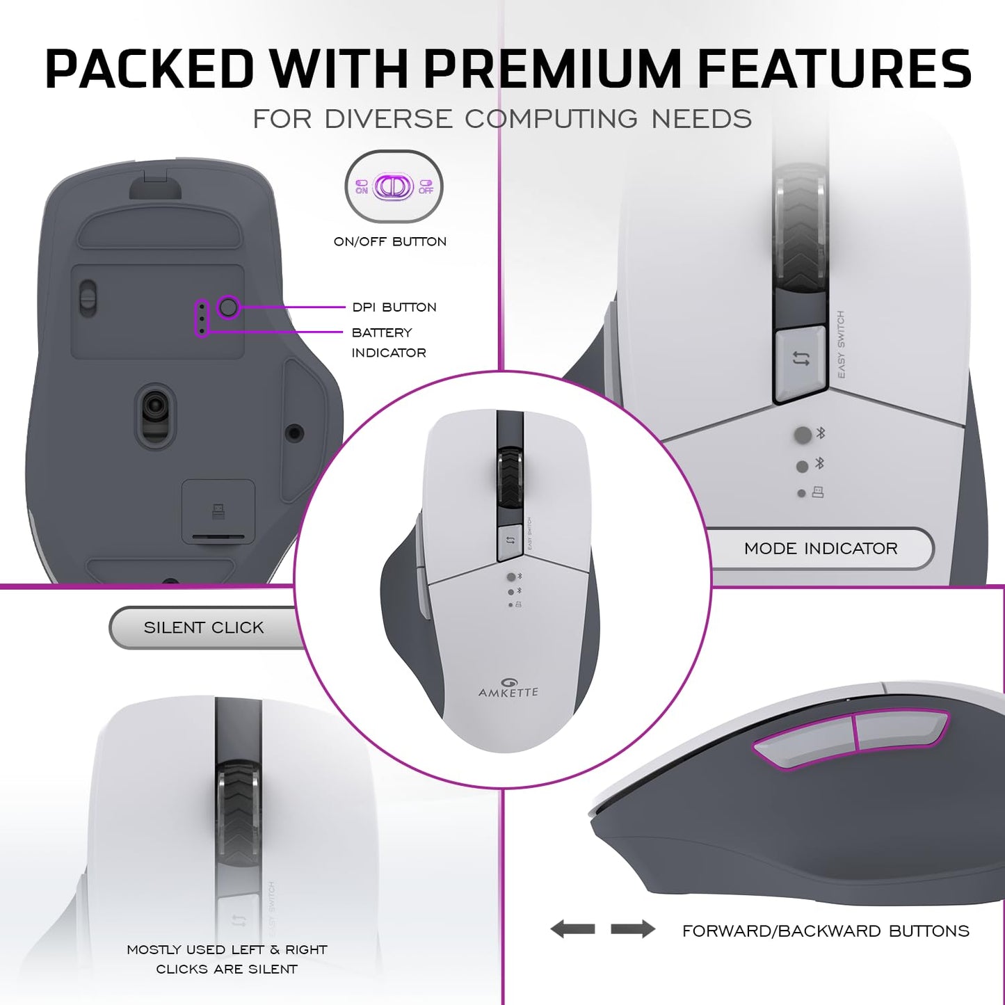 Amkette Hush Pro Epic M Rechargeable Wireless Mouse/Bluetooth Mouse | 3 Device Connectivity (2xBT&2.4G) with Top Mounted Device Switch Button, Silent Switches, Ergonomic Design, Upto 3200 DPI (White)