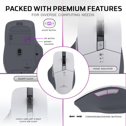 Amkette Hush Pro Epic M Rechargeable Wireless Mouse/Bluetooth Mouse | 3 Device Connectivity (2xBT&2.4G) with Top Mounted Device Switch Button, Silent Switches, Ergonomic Design, Upto 3200 DPI (White)